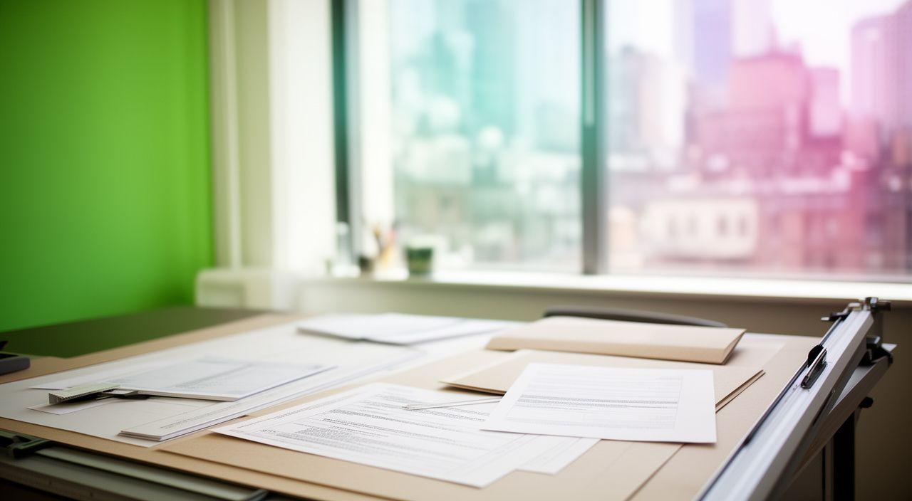 Bright Bushwick office interior with contract papers, city light, and a drafting desk