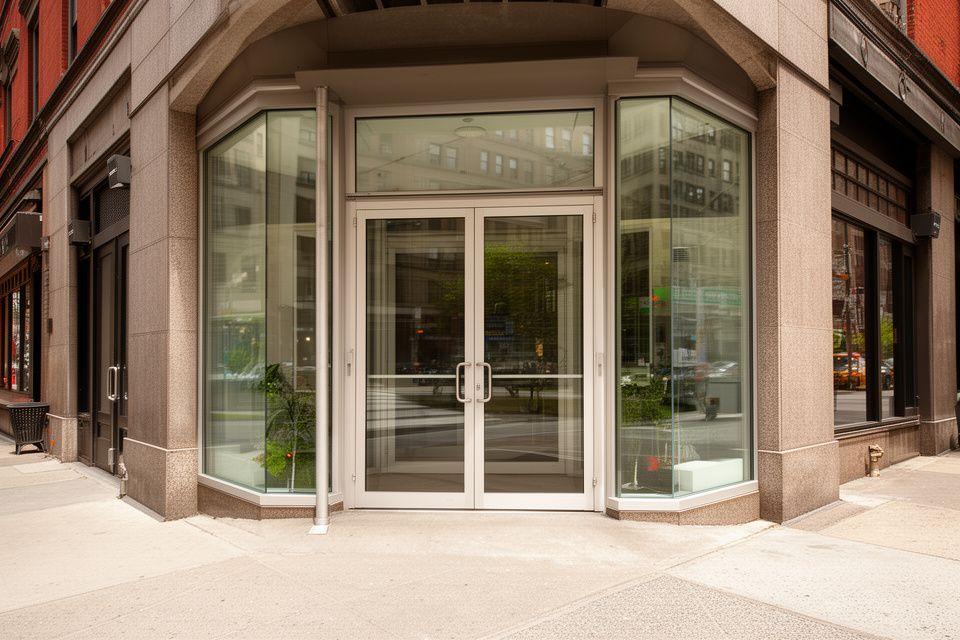 Street-level entrance to a Bushwick legal office with a clean glass door and New York sidewalk details