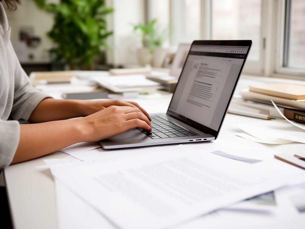 Freelance creative reviewing a client agreement in a bright New York studio with a laptop and printed pages