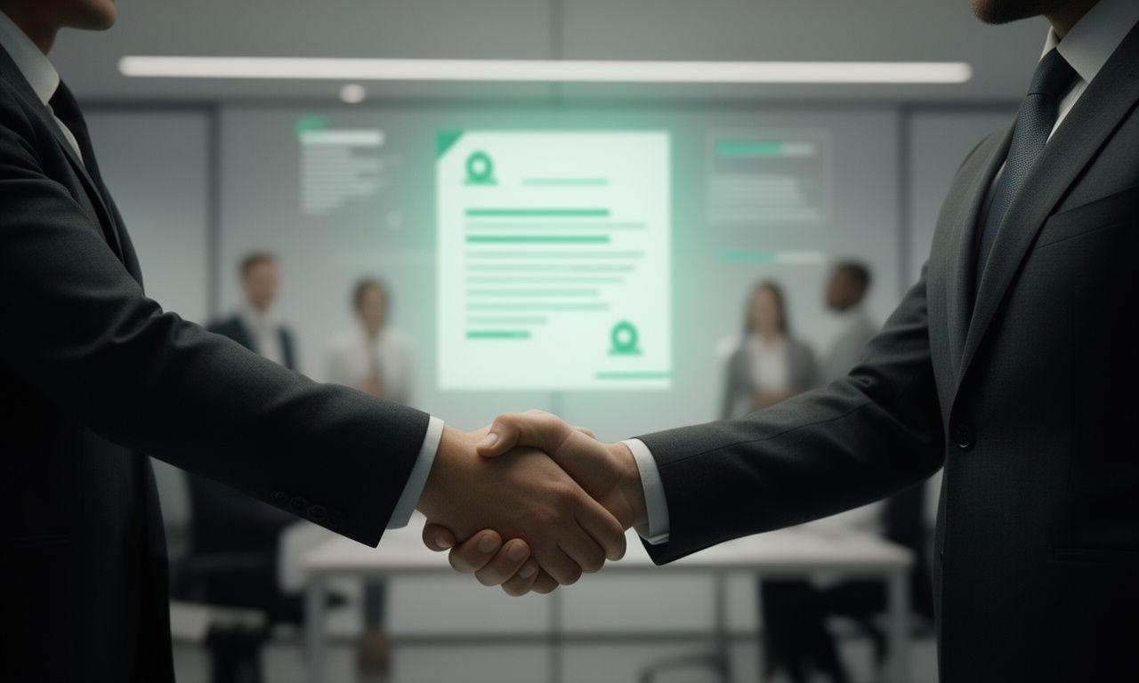 Business handshake over a digital contract interface in a modern New York office