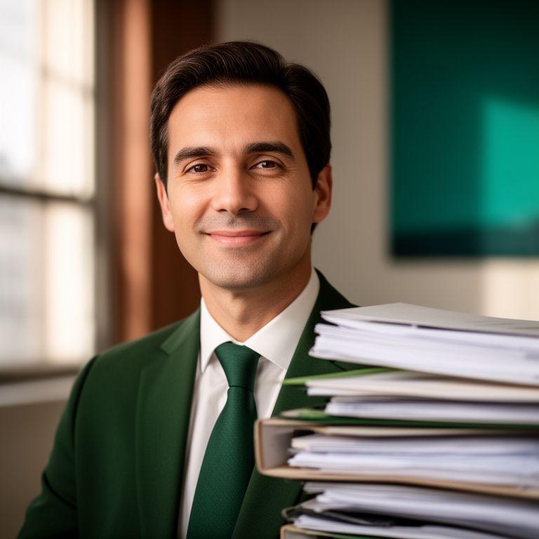 Portrait of Asri Szyszko in a Manhattan office beside a stack of contract folders