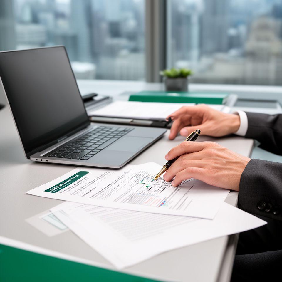 Legal consultant marking up a lease agreement beside a laptop and negotiation notes in a modern New York office