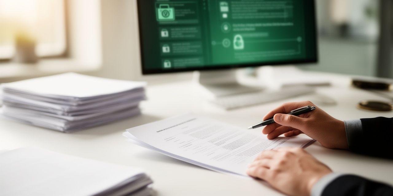Legal professional reviewing confidential contract documents in a bright New York office with secure digital files on screen