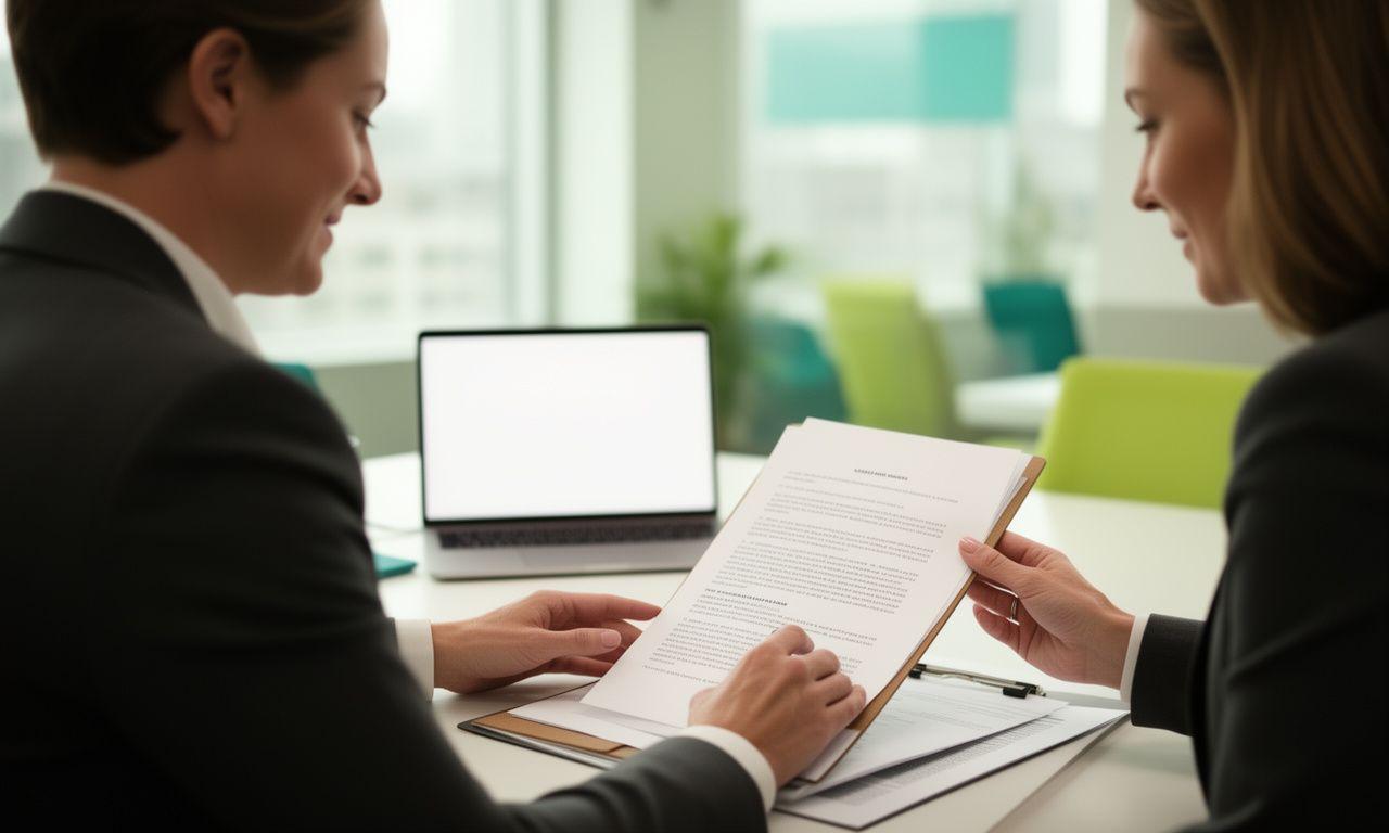 New York real estate agent reviewing a lease clause with a client in a bright office meeting