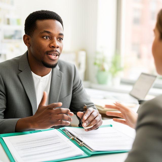 Owen Baptiste speaking with a client in a bright Brooklyn workspace with contract folders on the table