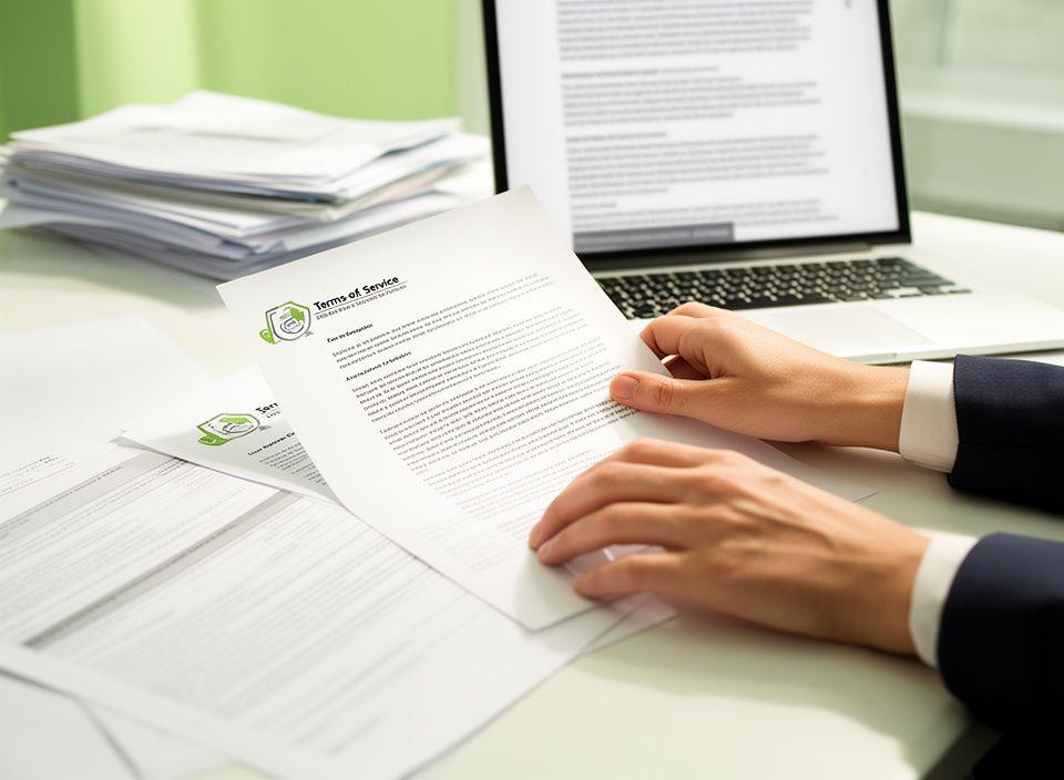 New York legal consultant reviewing a contract at a bright desk with layered papers and a laptop