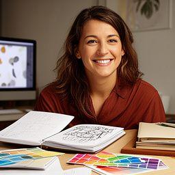 Brooklyn illustrator in a studio with sketchbooks and colour swatches beside a desktop monitor