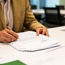 Deoni Goriszewski reviewing signatures on a partnership contract at a meeting table