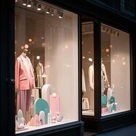 Nolita fashion boutique storefront with mannequins and soft evening lighting